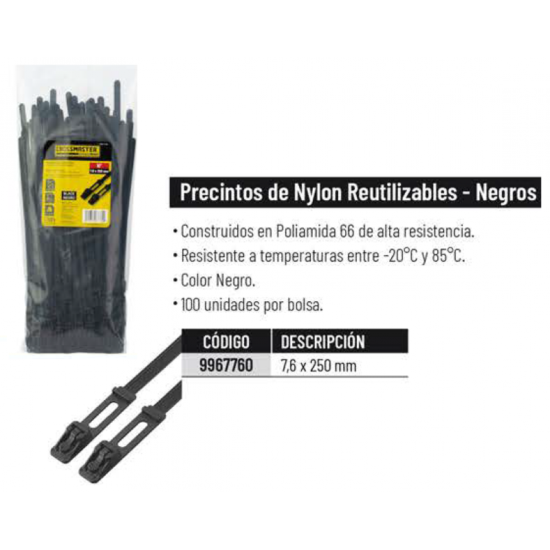 PRECINTO REUTILIZABLE 250 X 7.6 MM - BOLSA X 100