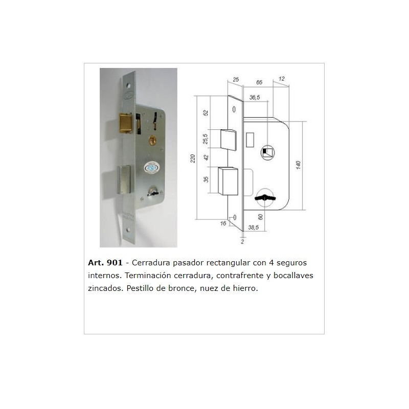 CERRADURA PASADOR RECTANGULAR 25 X 220