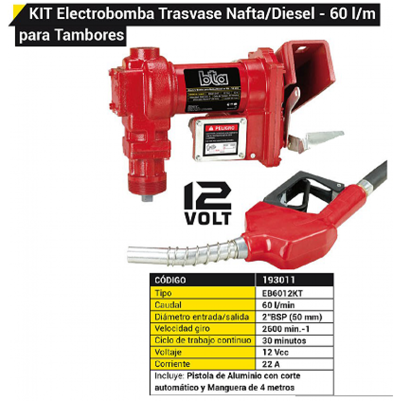 ELECTROBOMBA TRASVASE NAFTA/DIESEL P/TAMBOR 60L/M - 12VTS