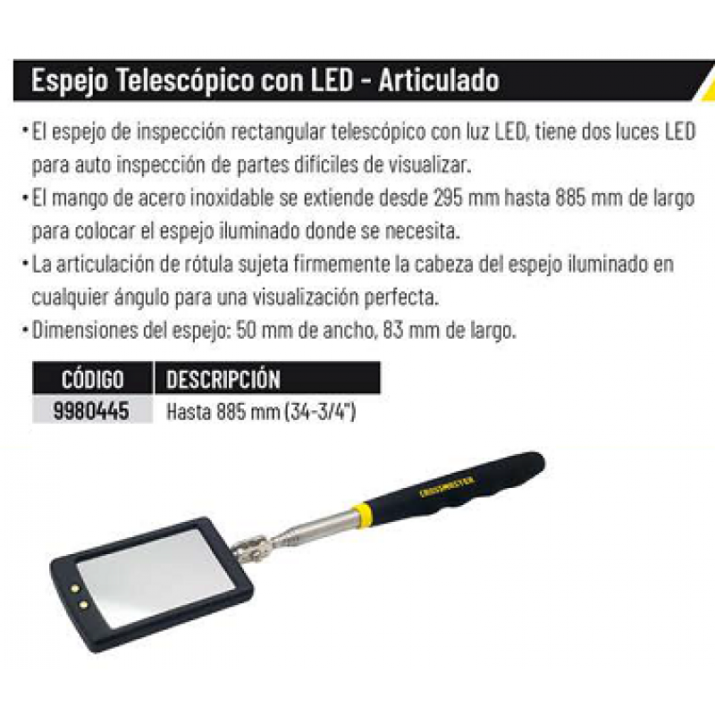 ESPEJO TELESCOPICO C/LED 52 X 83 MM